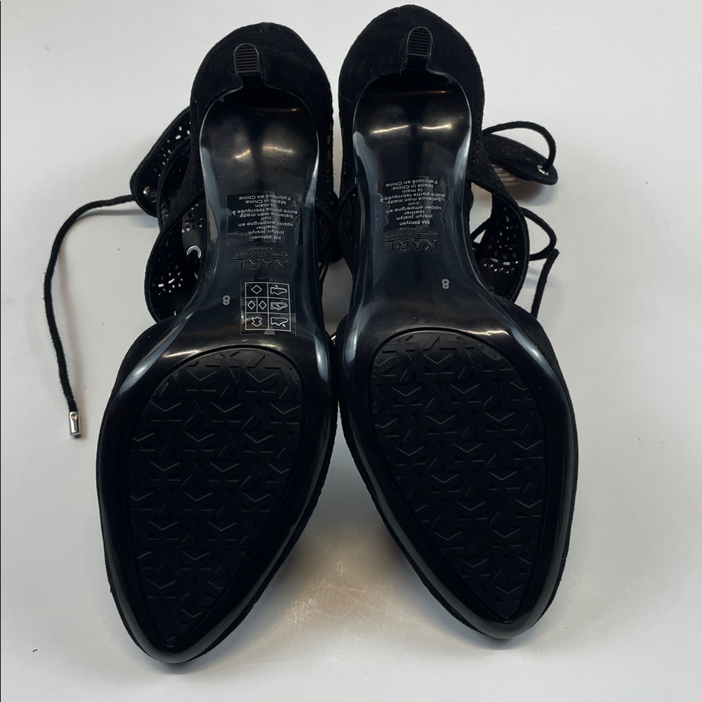 Karl Lagerfeld Paris Black Suede Laser Cut Lace Up Heels Womens Sz 8 - Picture 8 of 10